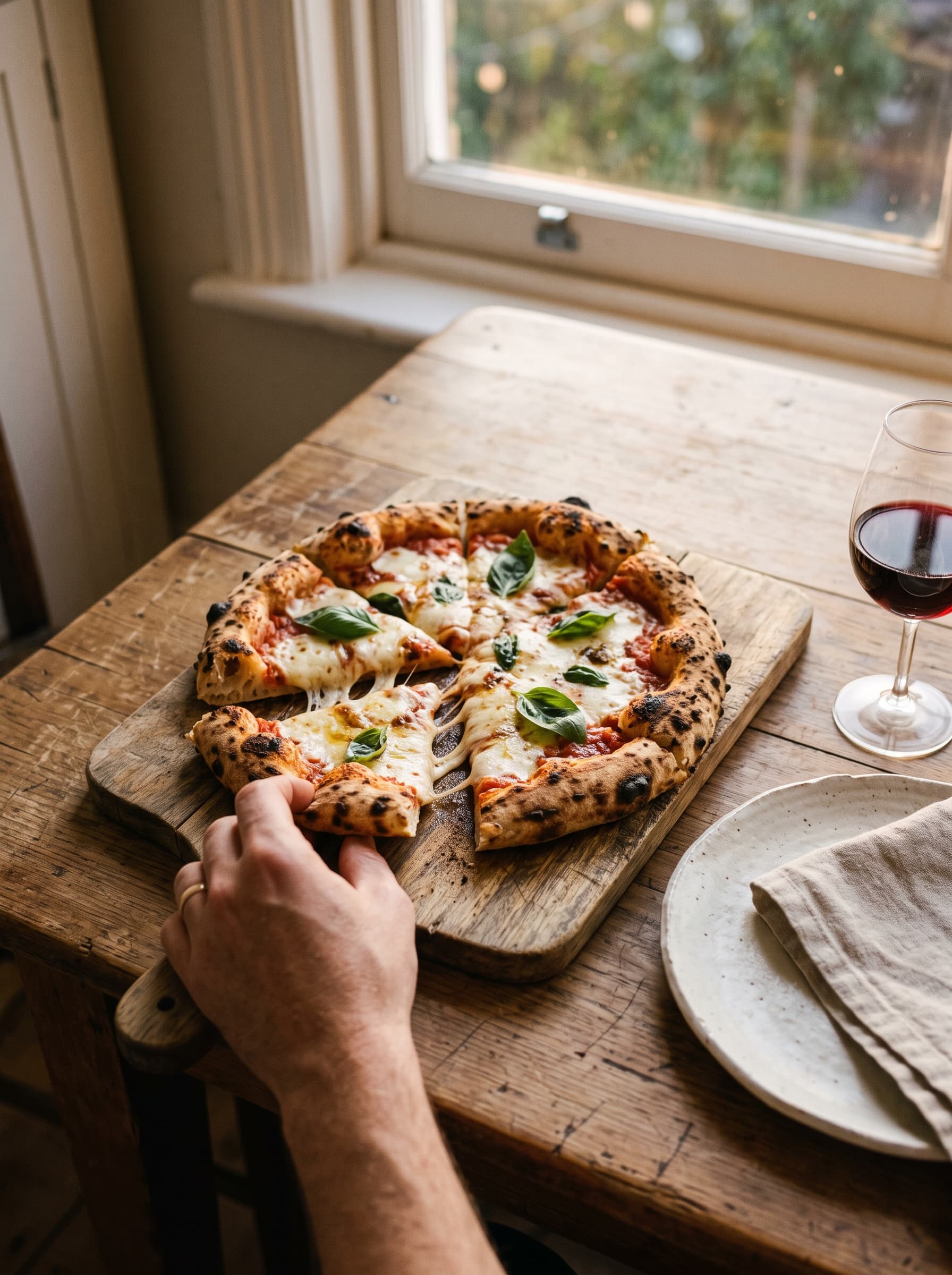 A homemade pizza on a wooden serving board with a hand lifting a slice mid-air, cheese stretching. A folded linen napkin and a glass to one side.