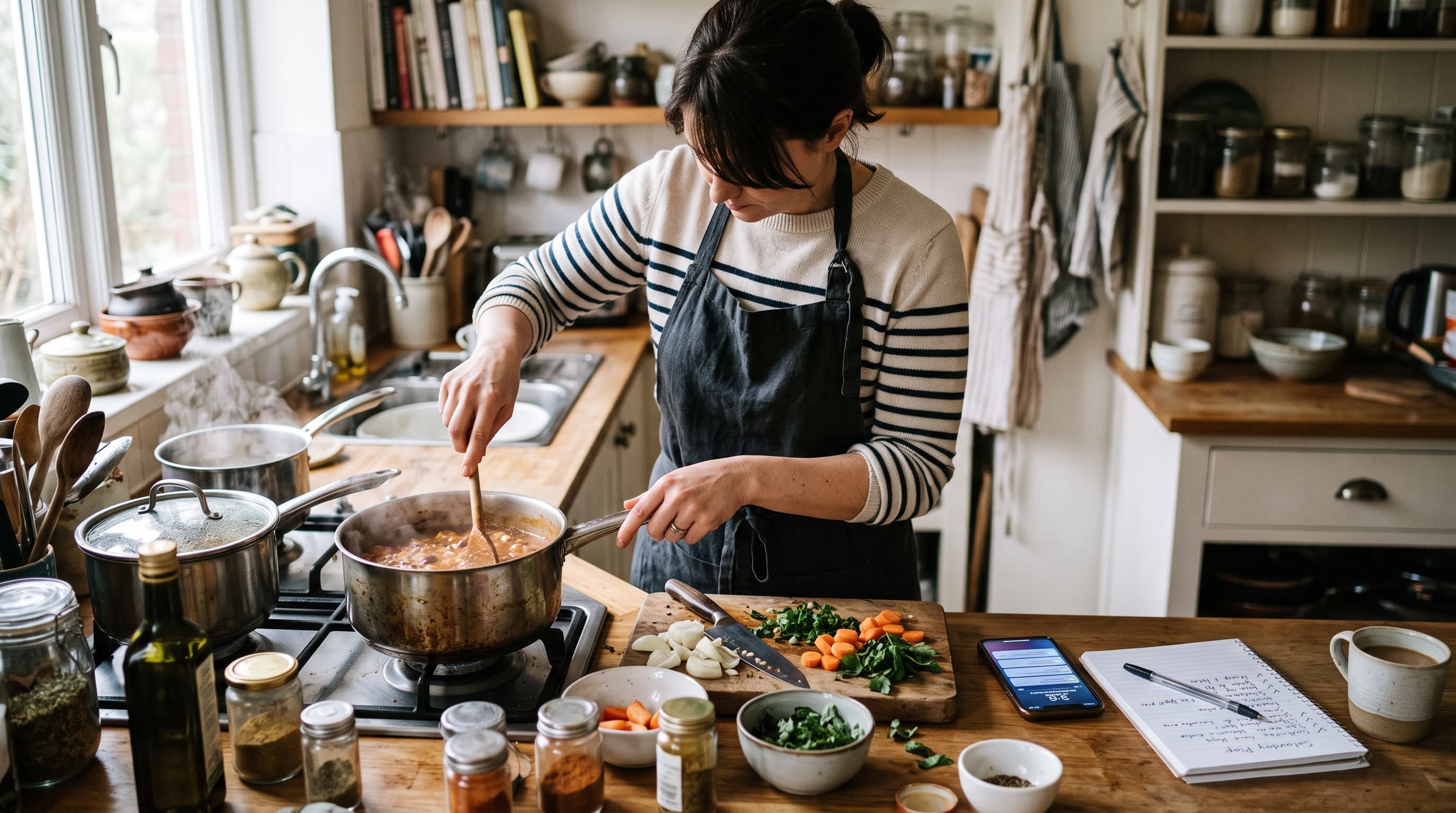 A home cook in a striped sweater and apron stirring a pot on the stove in her own kitchen, with chopped vegetables on a wooden board beside her, a phone showing a task list, and a notebook of handwritten prep notes. Bright morning light, real domestic setting.