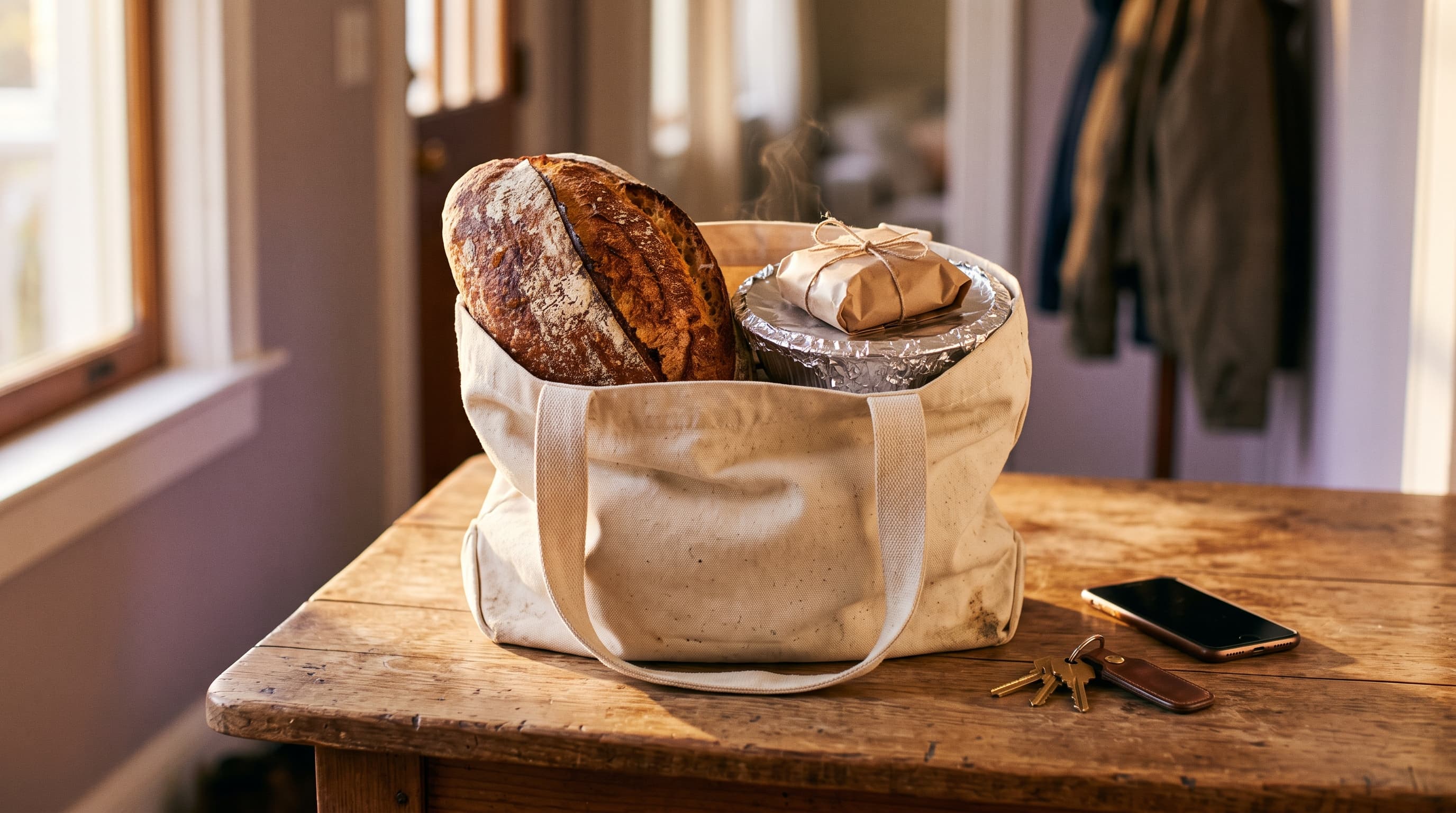 A canvas tote bag on an entryway table holding a rustic sourdough loaf, a warm foil-topped container of home-cooked food, and a wax-paper wrapped pastry — just picked up from three neighbourhood cooks. House keys and a phone rest beside it.