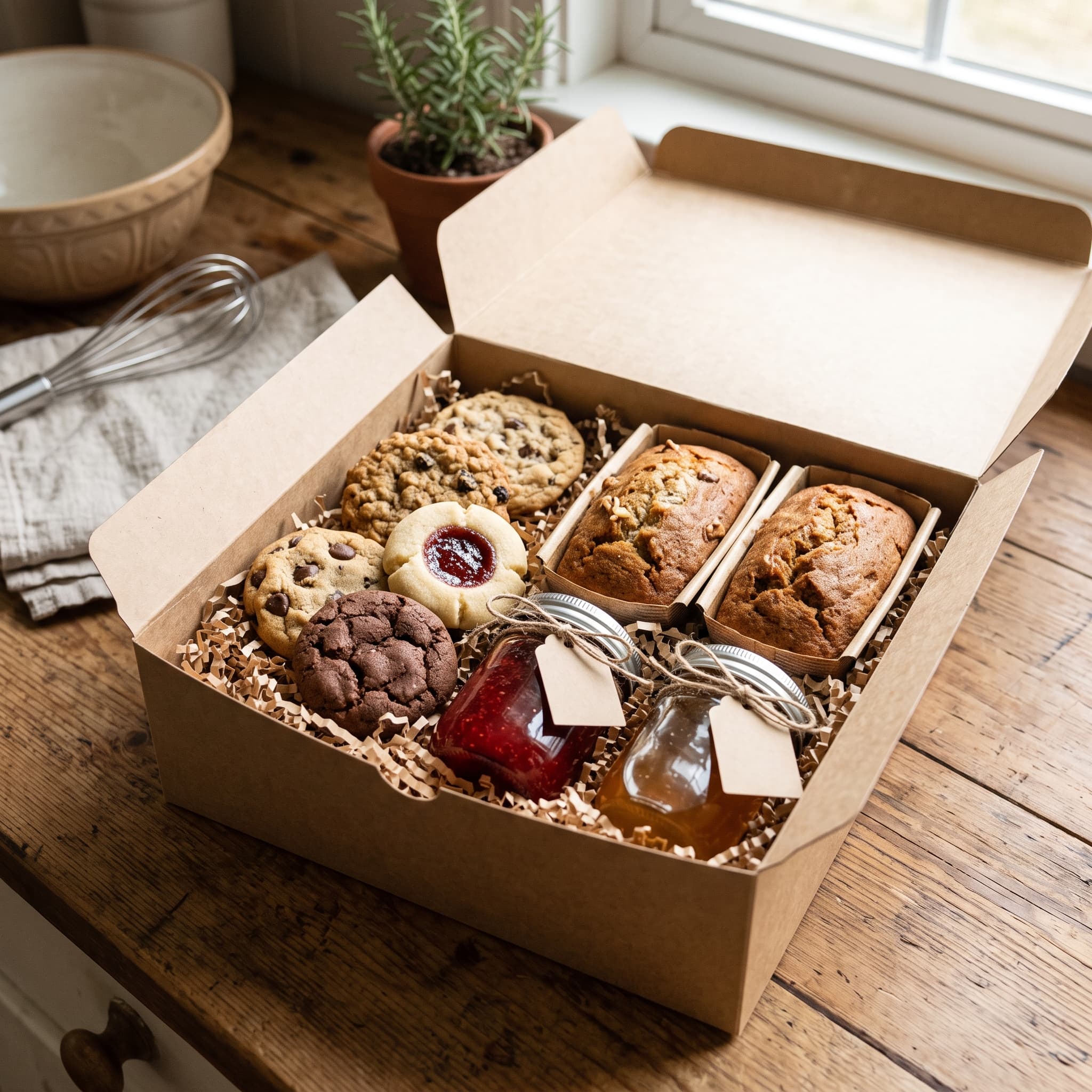 An open brown kraft box lined with kraft crinkle paper on a wooden farmhouse counter, filled with homemade baking: chocolate chip and thumbprint cookies on the left, two mini banana loaves on the right, and two small mason jars of jam and honey with twine tags in the middle, a whisk and a linen napkin to the side, a potted rosemary in the window, warm morning light.