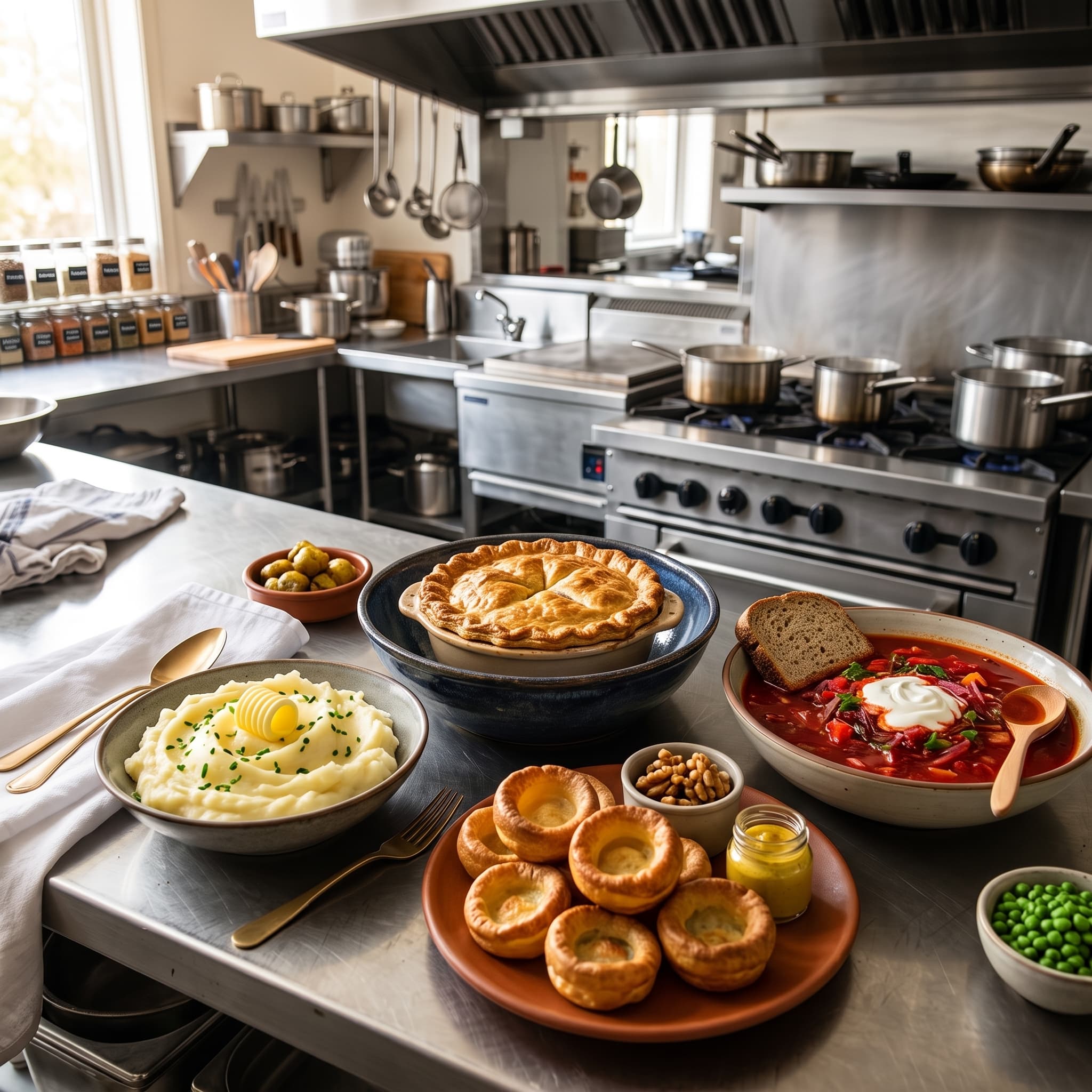 A homemade Sunday dinner spread on a stainless steel counter with a golden pot pie in a dark bowl, a bowl of mashed potato dotted with butter and chives, a plate of six Yorkshire puddings with a small jar of mustard, a bowl of beetroot borscht with a slice of rye bread, and a small bowl of green peas, warm daylight from a window on the left.