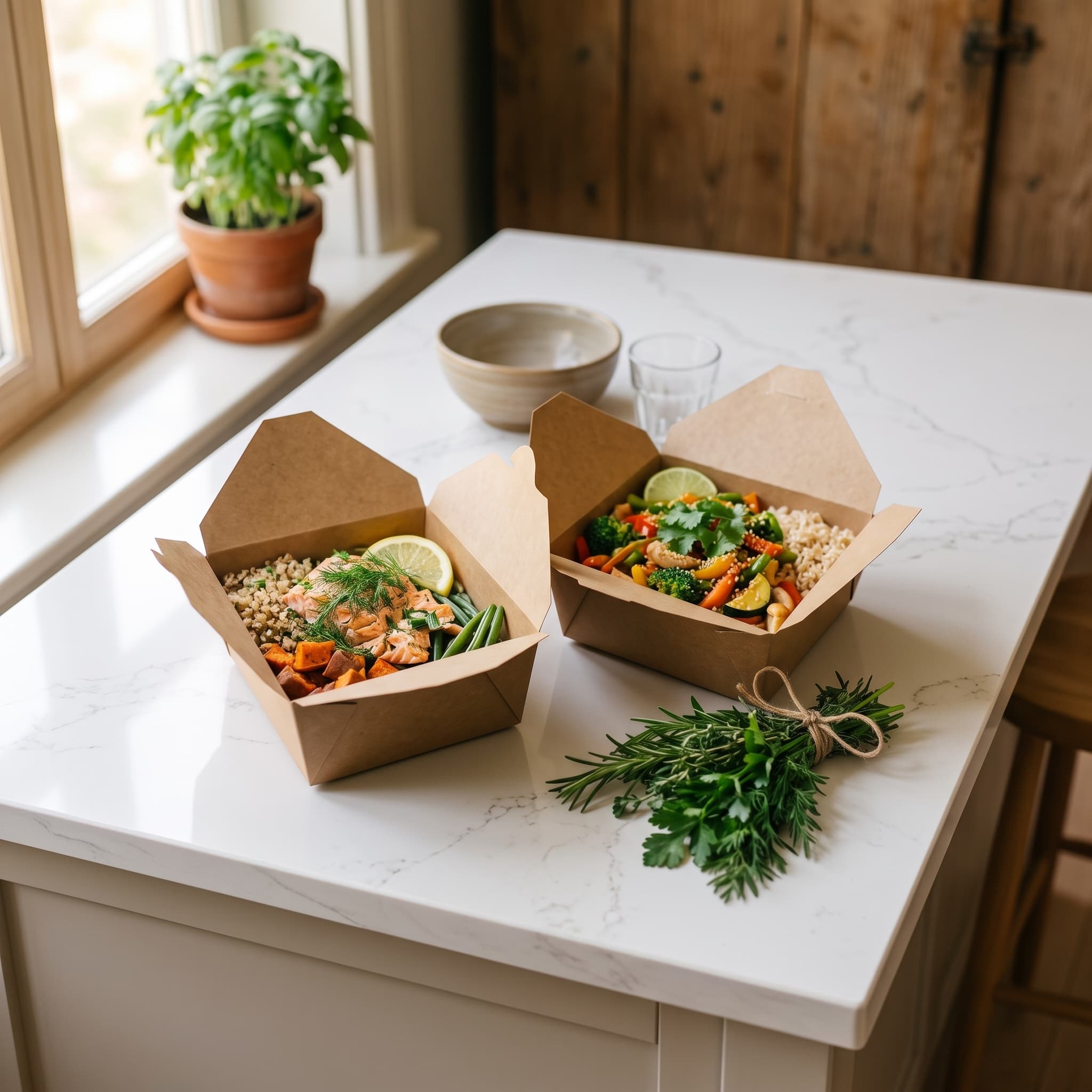 Two open brown kraft meal boxes on a white marble kitchen island, one with a salmon fillet on quinoa with roasted sweet potato and green beans and a lemon wedge, another with a colourful vegetable and cashew stir fry over brown rice with a lime, a bundle of fresh rosemary and parsley tied with twine to the side, a potted basil on the windowsill behind, warm daylight.