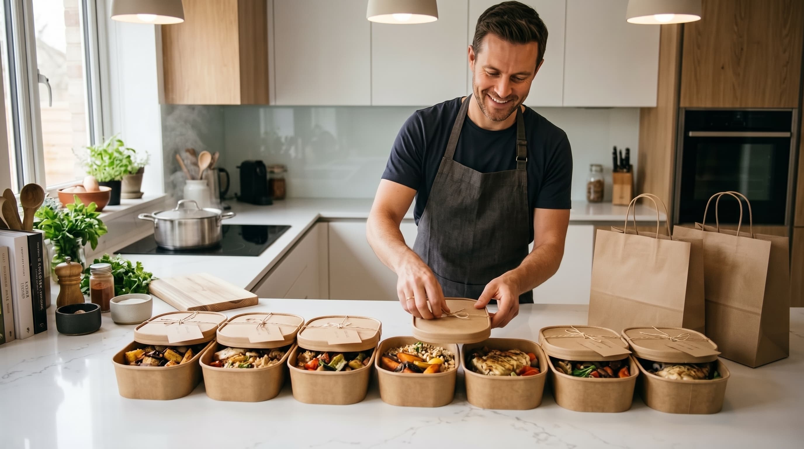 A home cook in a dark apron standing at a bright kitchen counter, smiling as he closes the lid on the third of seven kraft food containers filled with home cooked meals. Two brown paper carry bags wait to his right. Warm daylight from a large window on the left, herbs on the sill, a cutting board and a pot on the induction stove behind him.