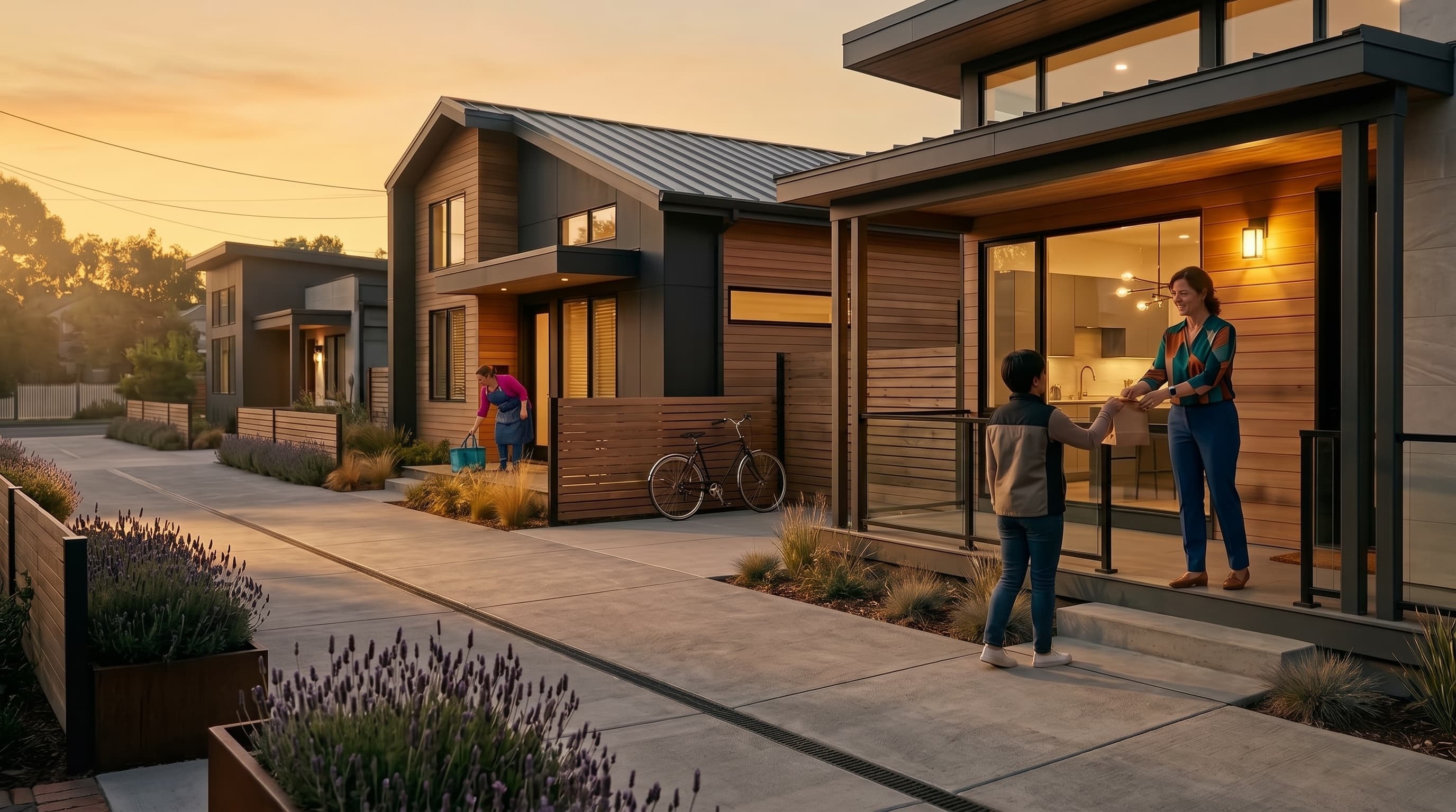 A quiet inner-neighbourhood street at golden hour, two moments visible in one frame: on the right a home cook on her porch hands a warm paper parcel to a neighbour who has walked up the path; further down the street on the left, another cook is stepping out with a delivery tote in hand, on her way to a neighbour a few doors away. Modern wood-and-brick homes, lavender-lined paths, a bicycle leaning by the fence.