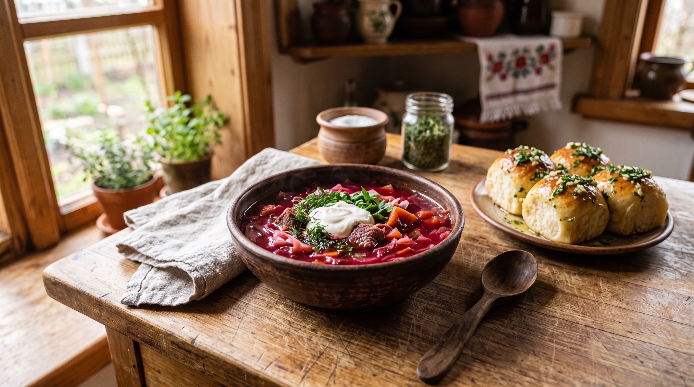 A rustic ceramic bowl of Ukrainian borscht on a wooden farmhouse table, deep beetroot broth with tender beef and cabbage, a dollop of sour cream and fresh dill on top, alongside a plate of golden pampushky garlic rolls, with an embroidered rushnyk on a shelf behind and morning window light from the left.