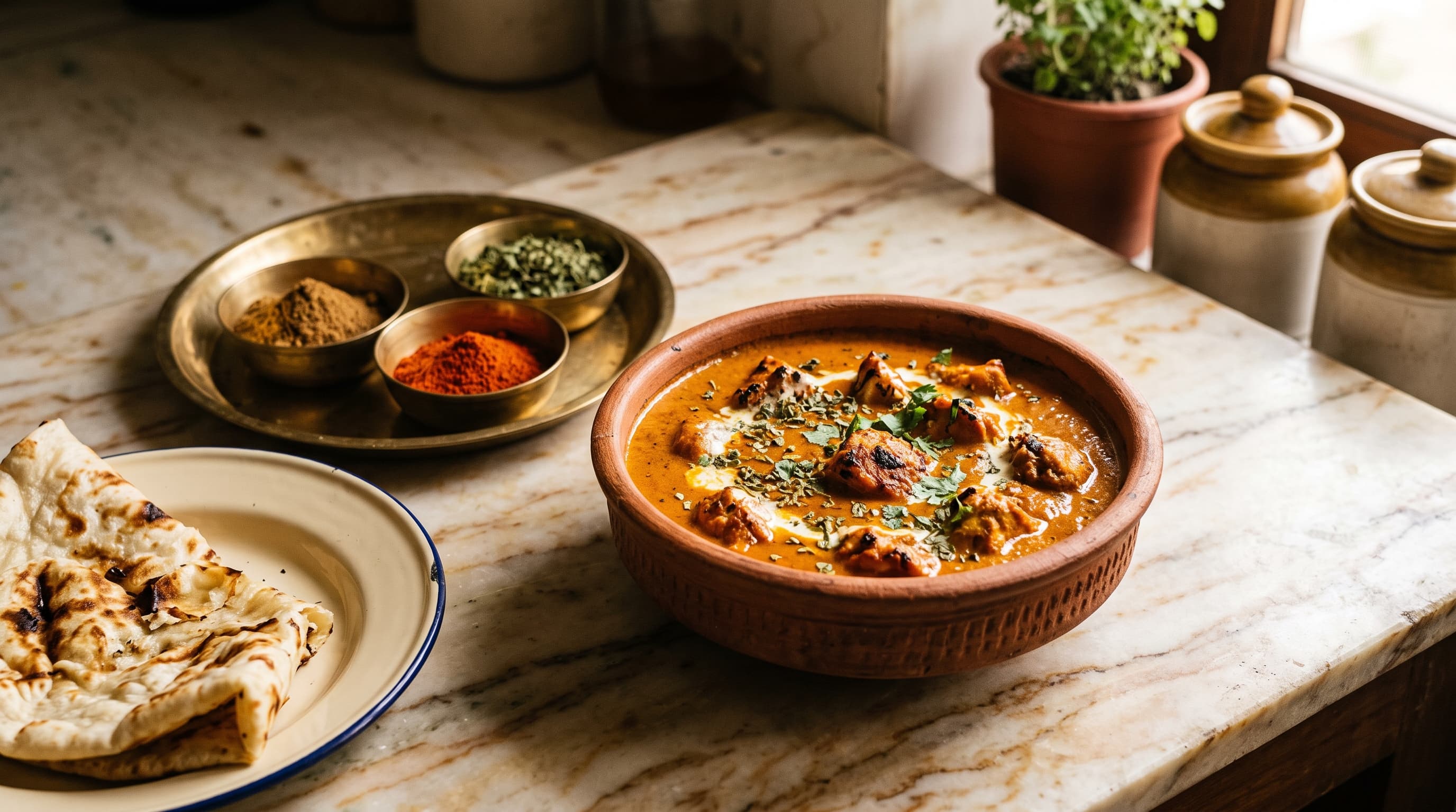 A terracotta bowl of butter chicken on a warm veined marble countertop, garnished with cream, cilantro, and dried fenugreek, alongside a brass thali of spices and folded naan on an enamel plate, with warm morning sunlight from a side window.