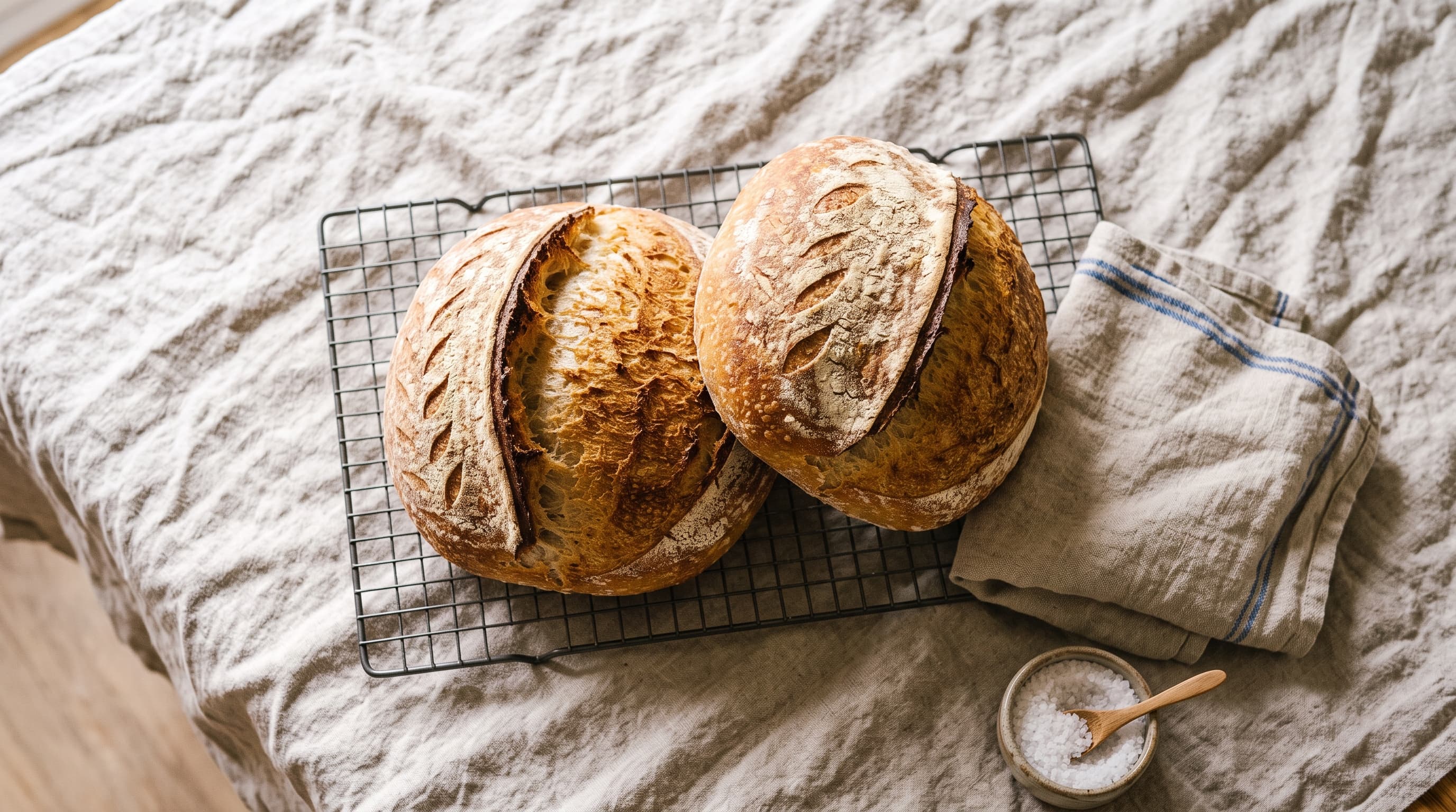 Two golden sourdough boules on a wire cooling rack over a rumpled oatmeal linen cloth, alongside a folded striped linen tea towel and a small ceramic salt cellar with a wooden scoop, in soft daylight.