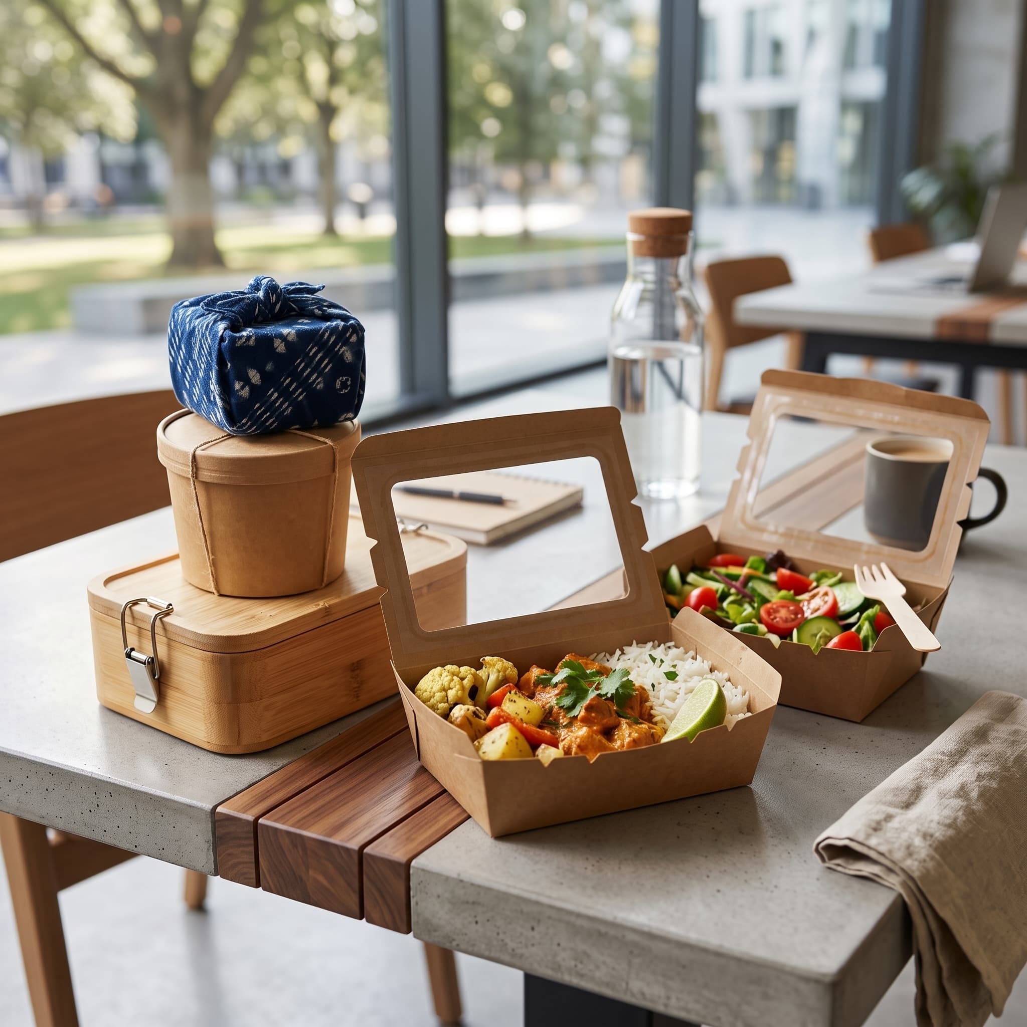 Two brown kraft tiffin lunch boxes on a modern office cafeteria table, one open showing rice with curry, cauliflower, potato, and a lime wedge, a bamboo lunch box and a folded blue and white patterned bundle beside it, soft daylight from a large window with a leafy park view beyond.