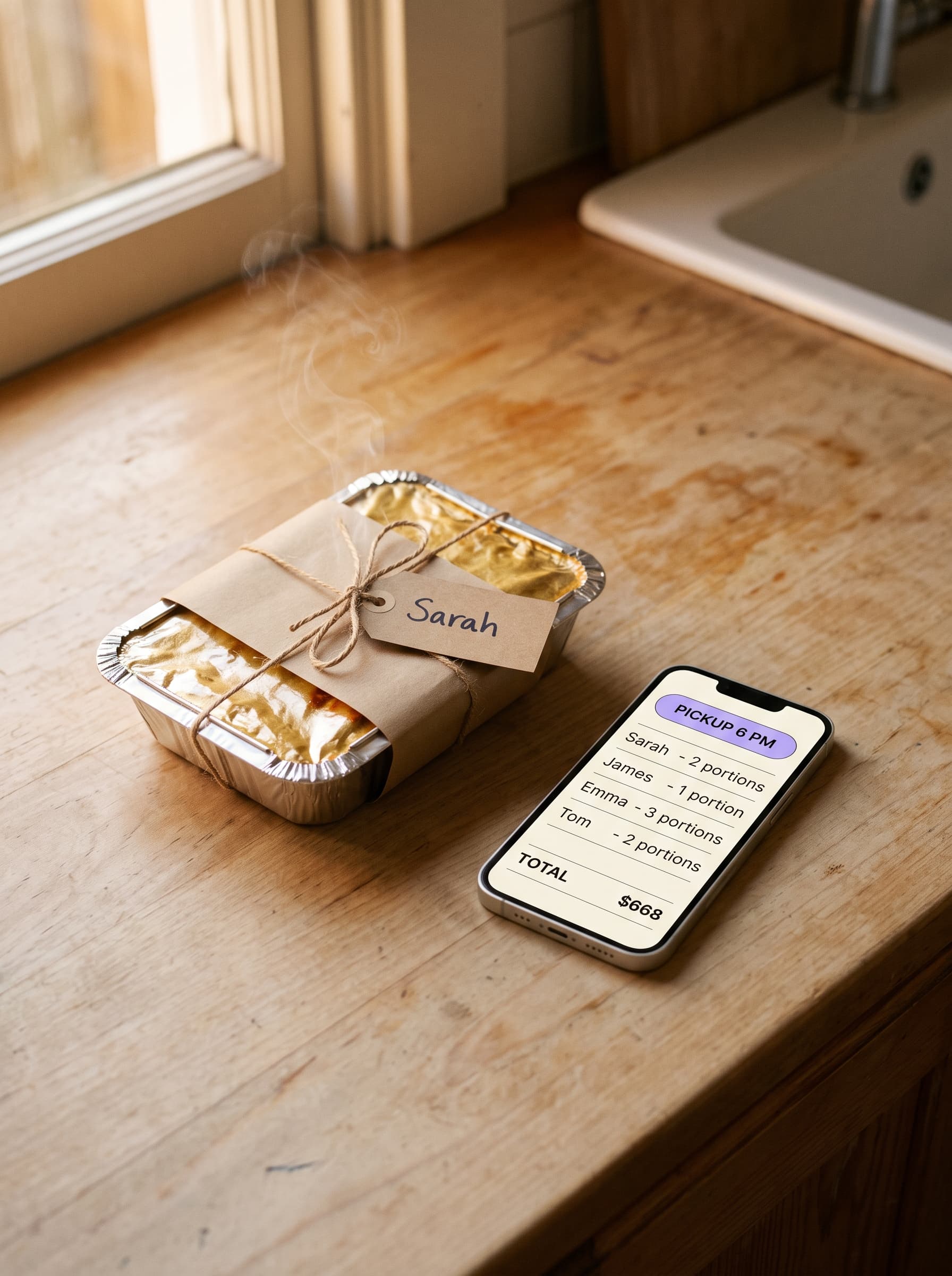 The same kitchen counter, cleaned. One warm foil-topped meal container in the centre with a kraft-paper name tag reading Sarah, beside a phone showing a clean order list.