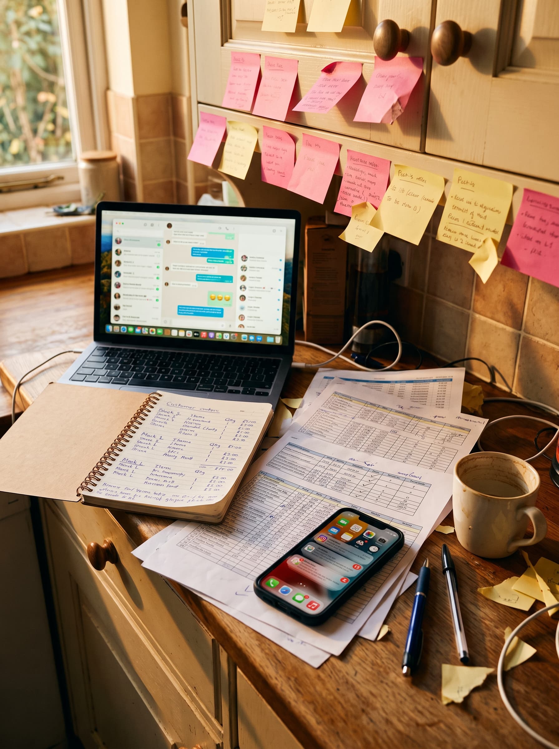 A cluttered home kitchen counter: sticky notes on the cabinet edge, an open laptop showing chat interfaces, a spiral notebook of handwritten orders, printed spreadsheets scattered, and a phone with a stack of unread notification badges.