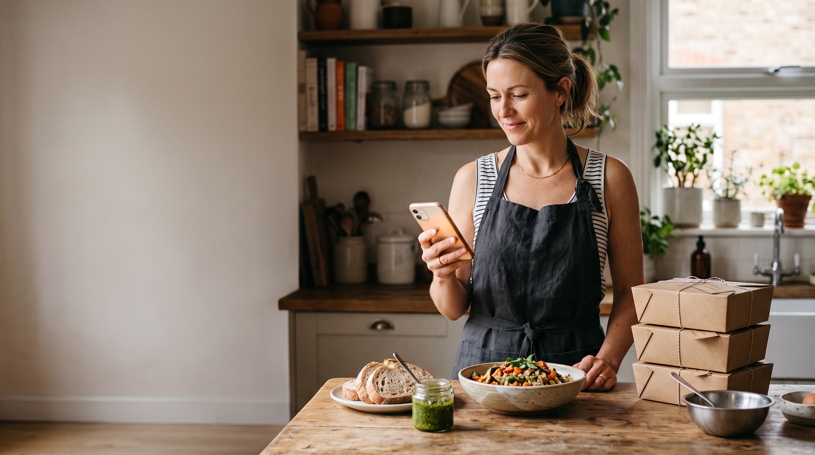 A home cook in a linen apron standing at her kitchen counter, checking her phone, with two neatly wrapped take-away boxes and a bowl of the meal she is about to send out ready beside her.