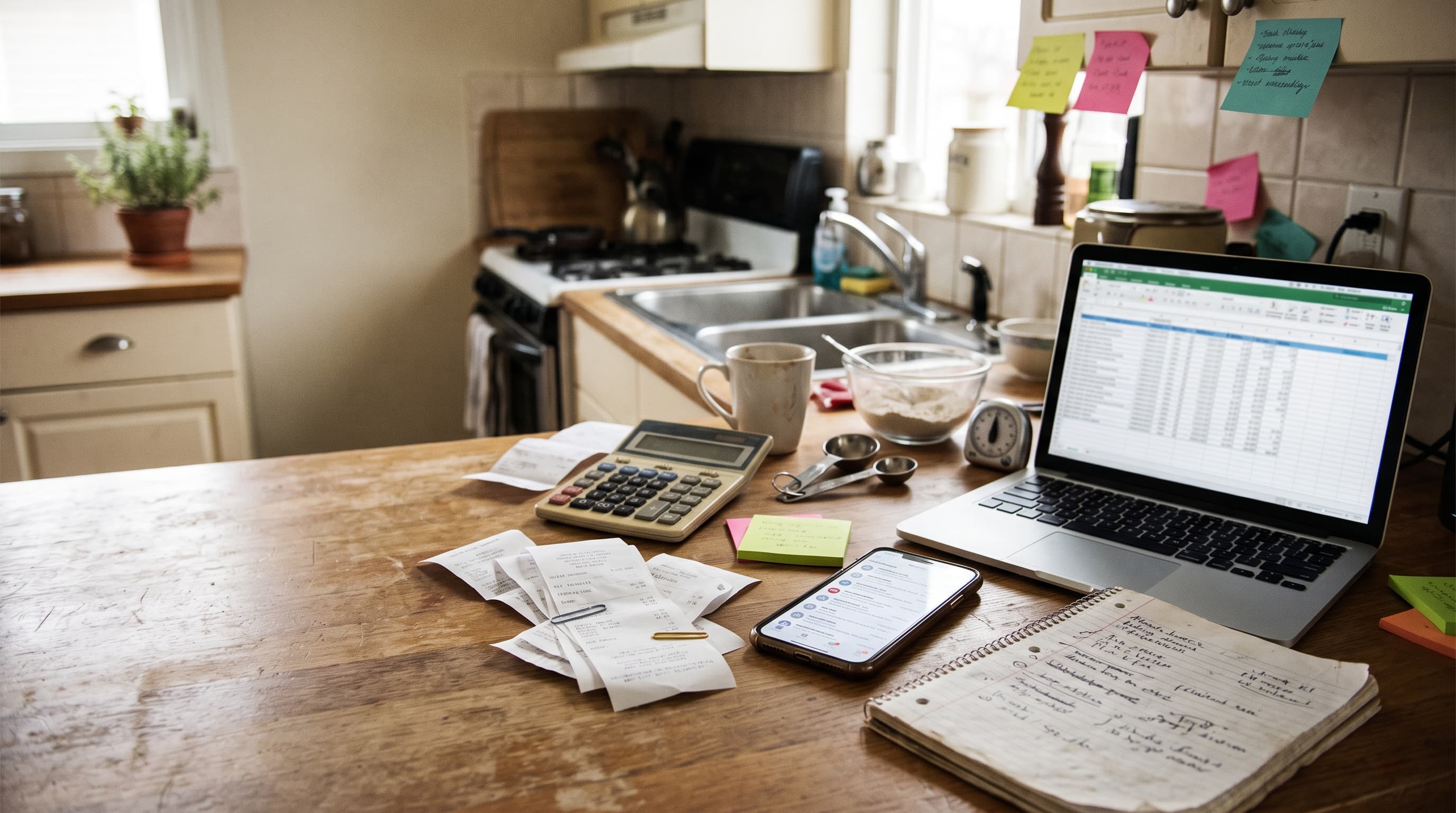 A cluttered home kitchen counter: an open laptop showing a spreadsheet, a pile of paper receipts, sticky notes on the cabinet, a spiral notebook of handwritten orders, a calculator, a phone showing Instagram DMs, and a mug and mixing bowl to one side.
