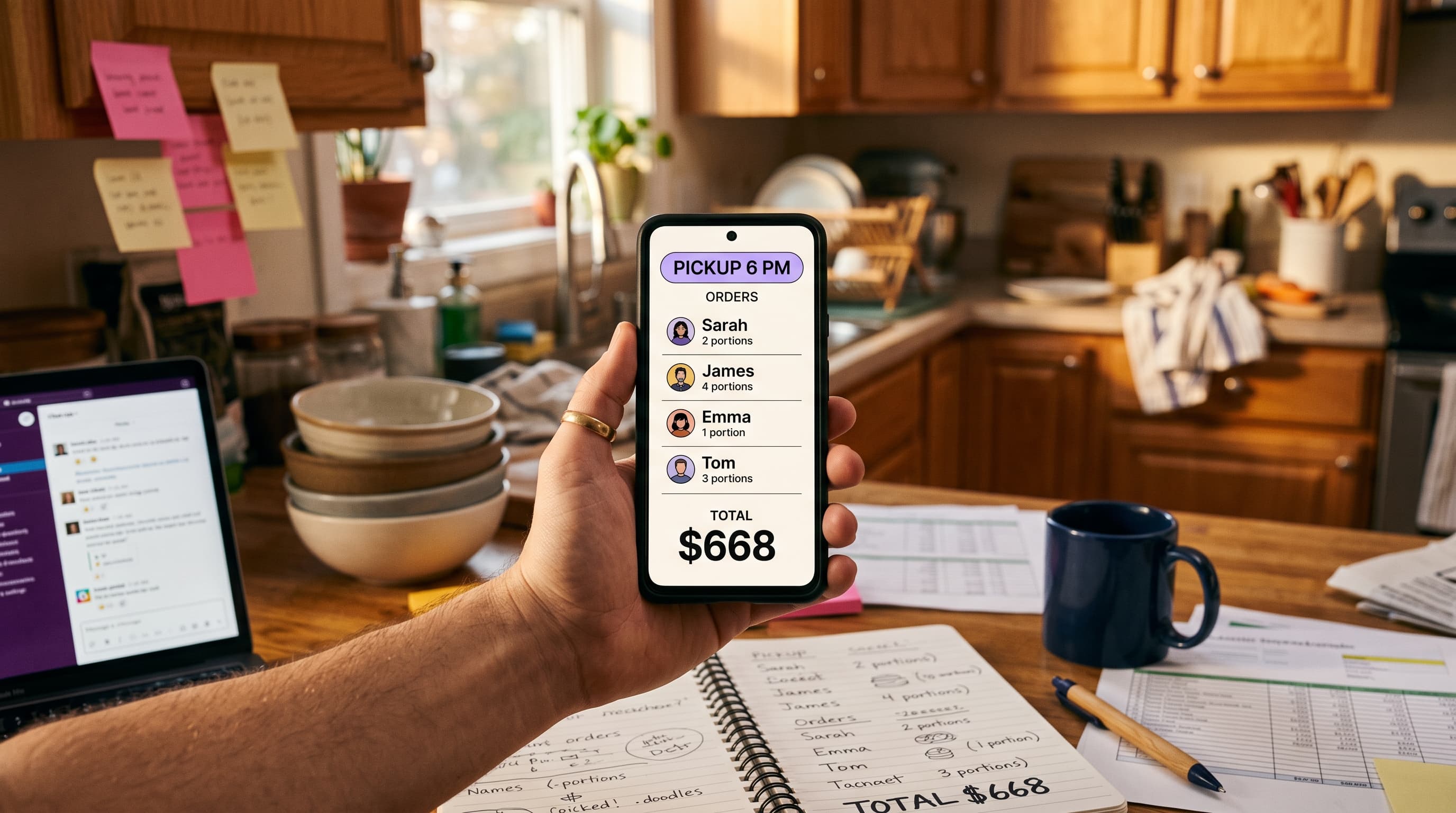A hand holding a phone in sharp focus, screen showing a clean Clartiv+ order list with names and portions. The background — a home cook's kitchen counter cluttered with sticky notes, an open laptop showing chat interfaces, a spiral notebook of handwritten orders, printed spreadsheets — is softly blurred behind.