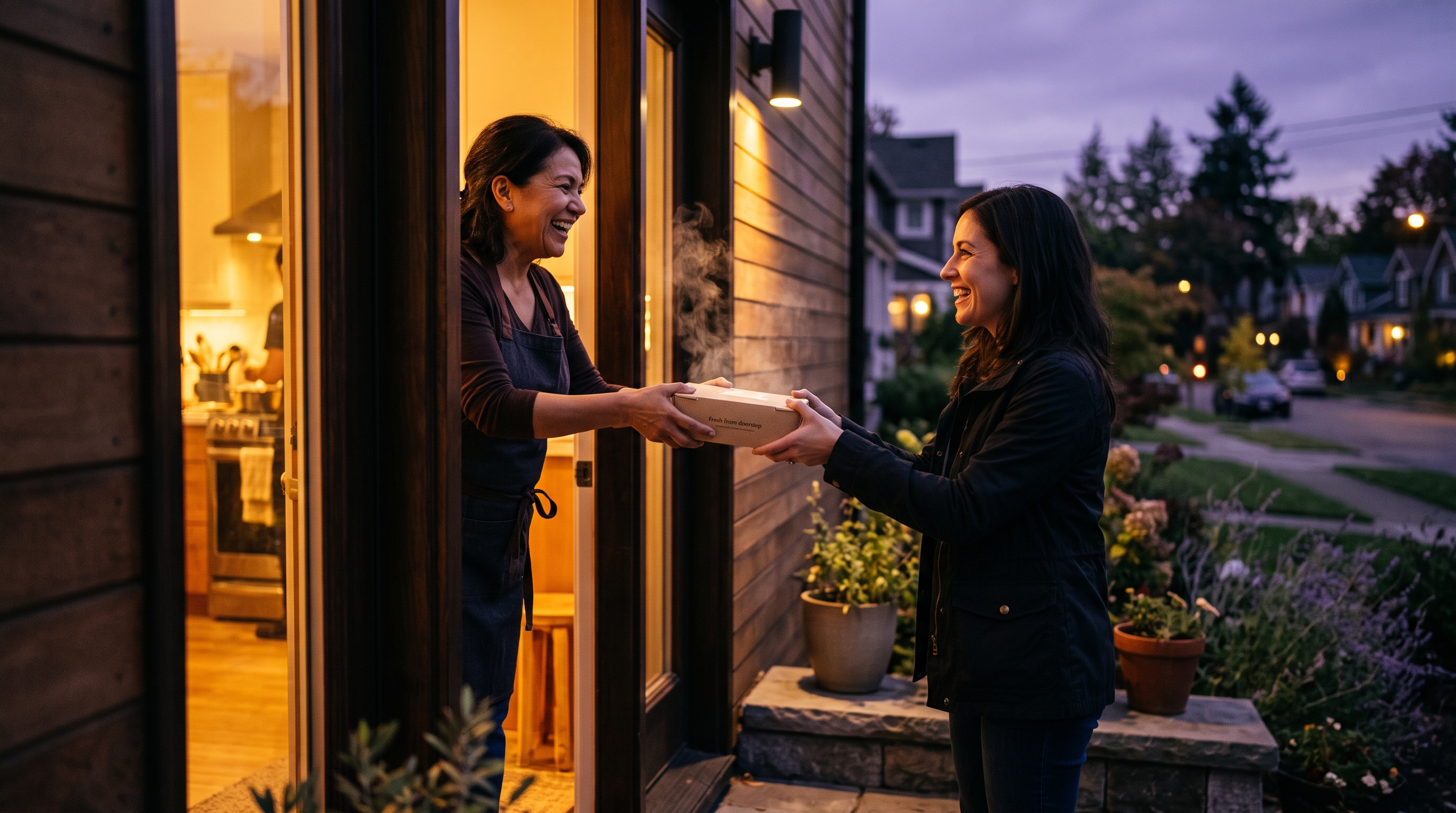 A home cook handing a warm takeaway container over at her own front door — the handover moment.